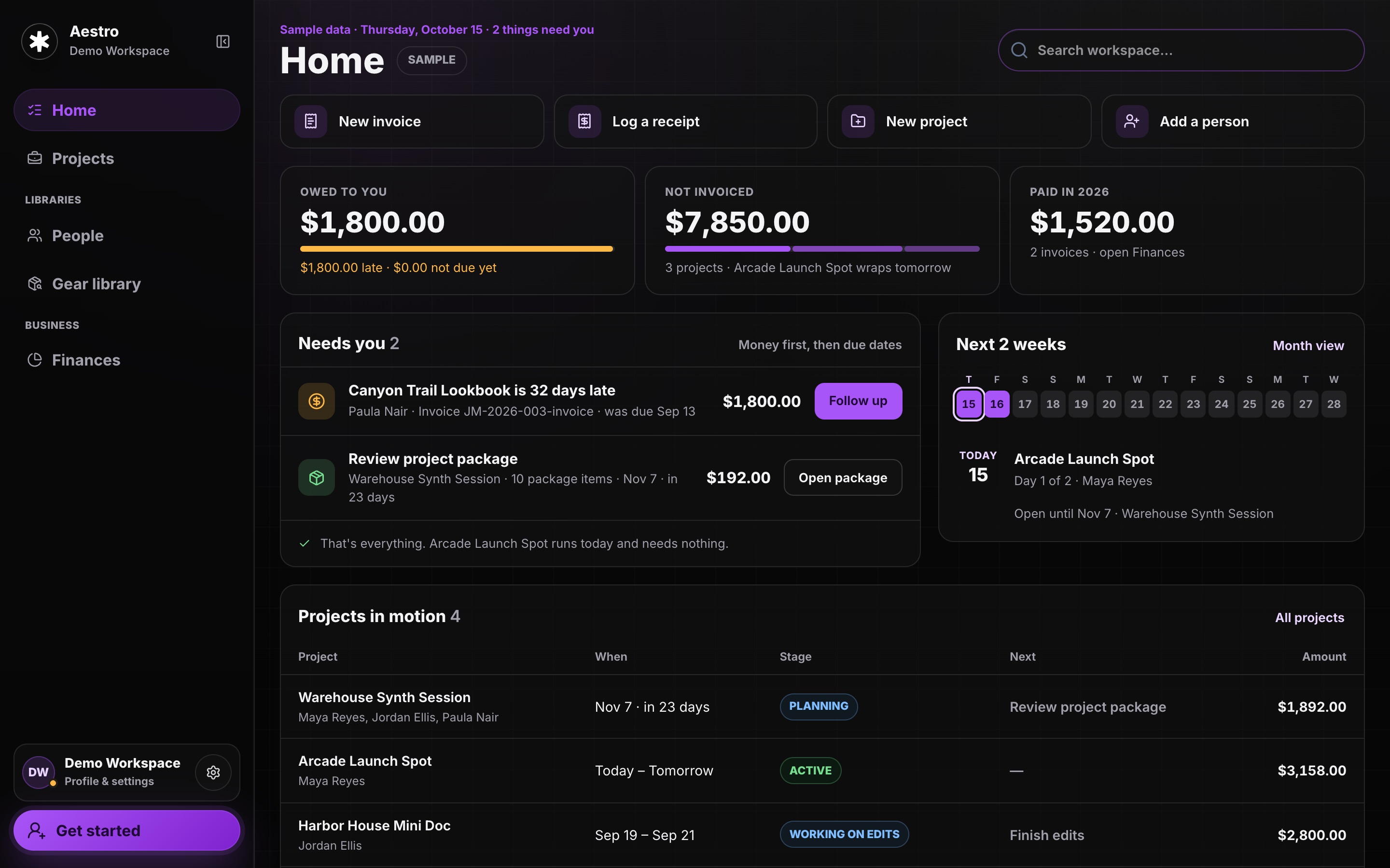The Aestro workspace home page showing quick actions, money owed and paid, what needs you, the next two weeks, and projects in motion